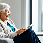 Smart Home System & Caregiver Peace of Mind**

"A modern living room scene. An elderly woman sits comfortably in her armchair, fully clothed in a cardigan and slacks, reading a book. In the background, subtle smart home technology elements: a smart thermostat, automated lights. On a tablet, a caregiver smiles, video-chatting with the woman. Safe for work, appropriate content, fully clothed, professional photography, family-friendly, perfect anatomy, natural pose, well-formed hands, modest clothing."

**