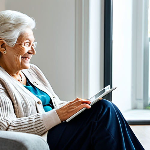 Home 7 Smart Home System & Caregiver Peace of Mind**
"A modern living room scene. An elderly woman sits comfortably in her armchair, fully clothed in a cardigan and slacks, reading a book. In the background, subtle smart home technology elements: a smart thermostat, automated lights. On a tablet, a caregiver smiles, video-chatting with the woman. Safe for work, appropriate content, fully clothed, professional photography, family-friendly, perfect anatomy, natural pose, well-formed hands, modest clothing."
**