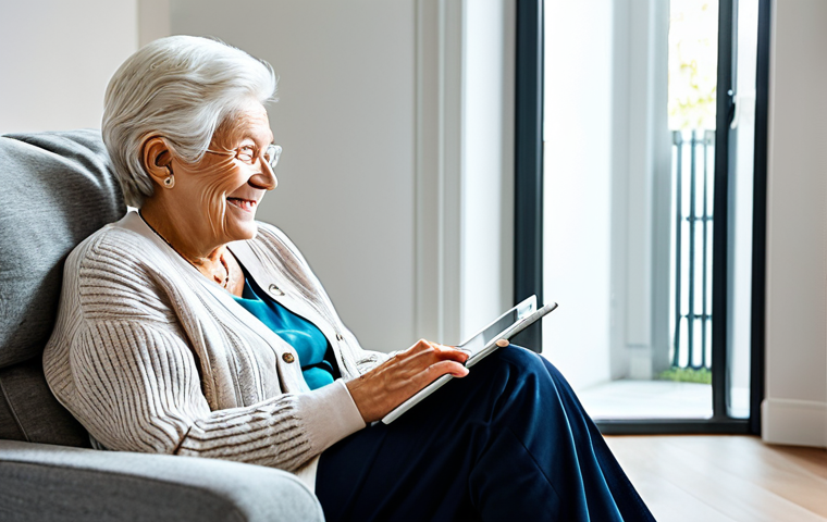 Smart Home System & Caregiver Peace of Mind**
"A modern living room scene. An elderly woman sits comfortably in her armchair, fully clothed in a cardigan and slacks, reading a book. In the background, subtle smart home technology elements: a smart thermostat, automated lights. On a tablet, a caregiver smiles, video-chatting with the woman. Safe for work, appropriate content, fully clothed, professional photography, family-friendly, perfect anatomy, natural pose, well-formed hands, modest clothing."
**